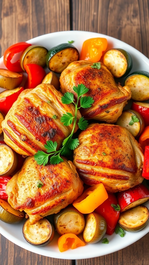 Air-fried chicken thighs with roasted bell peppers, zucchini, and onion on a plate, garnished with parsley.